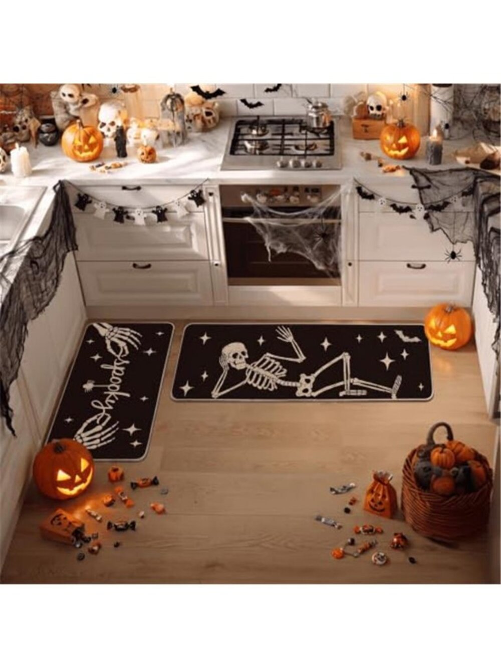 Spooky Skeleton Spider Bone Black Halloween Kitchen Mats Set of 2,